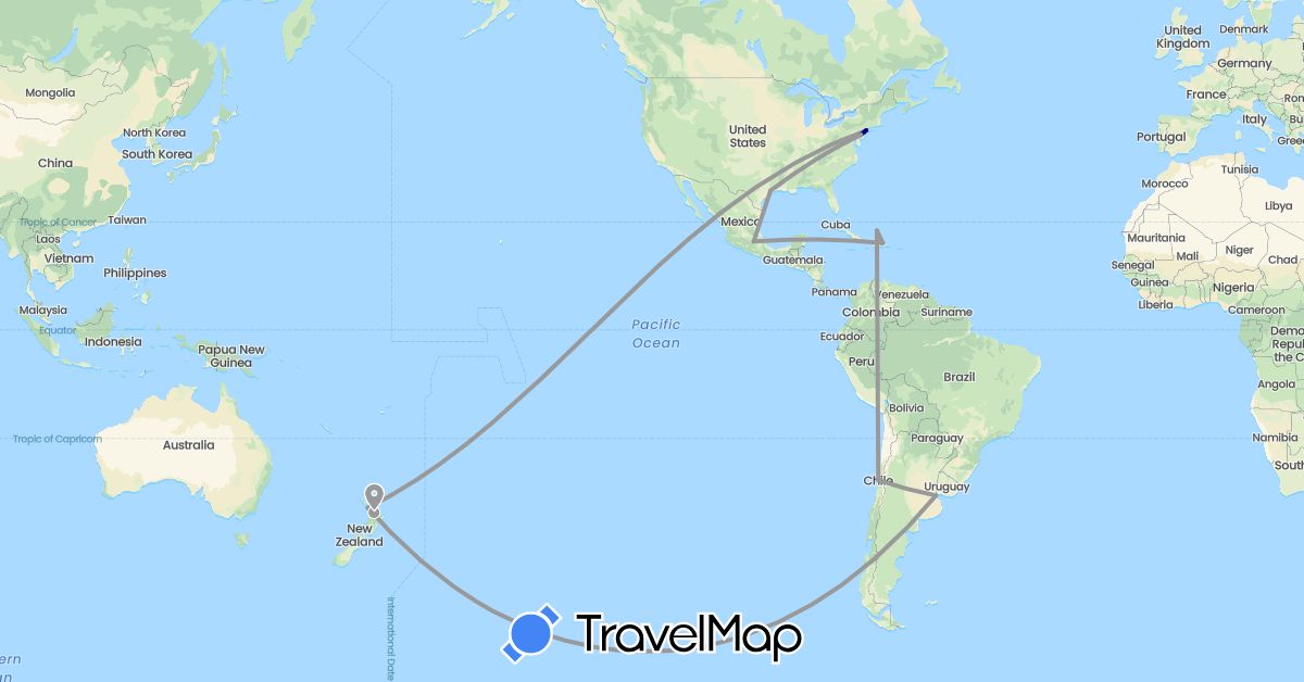 TravelMap itinerary: driving, plane in Argentina, Chile, Dominican Republic, Mexico, New Zealand, Turks and Caicos Islands, United States (North America, Oceania, South America)