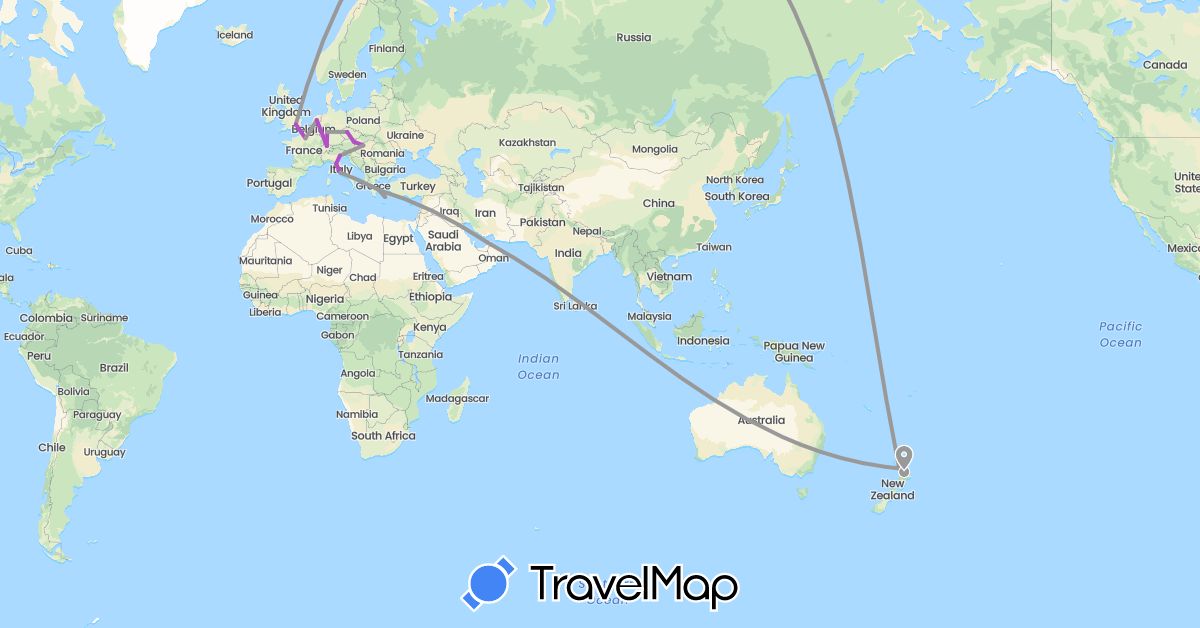 TravelMap itinerary: driving, plane, train in United Arab Emirates, Austria, Switzerland, Czech Republic, Germany, France, United Kingdom, Greece, Hungary, Italy, Netherlands, New Zealand (Asia, Europe, Oceania)